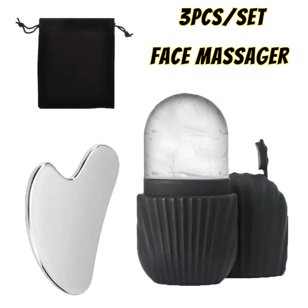 1–3PCS Ice Face Roller & Stainless Steel Gua Sha Set – Facial Massage & Lifting Tools for Skin Care
