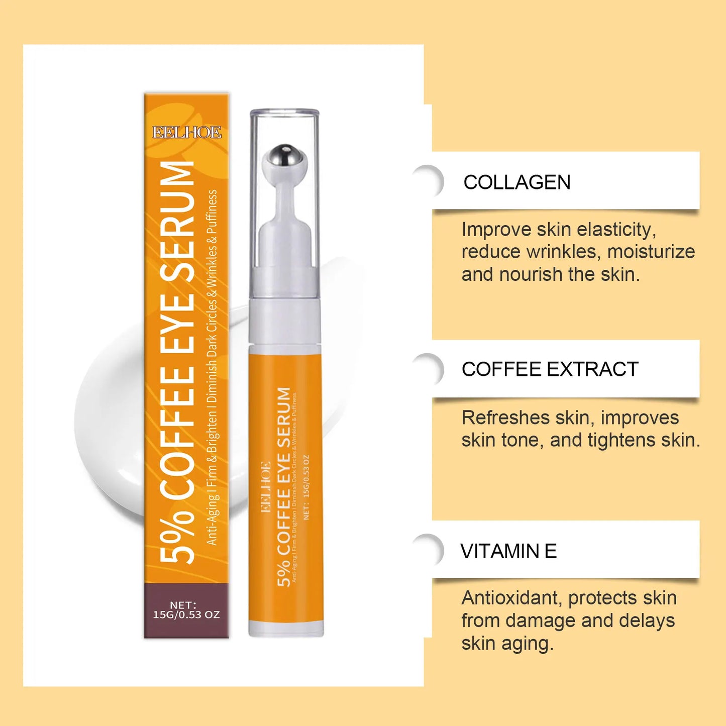 5% Coffee Eye Serum – Collagen Boost, Dark Circle & Puffiness Reducer, Fine Line Tightening
